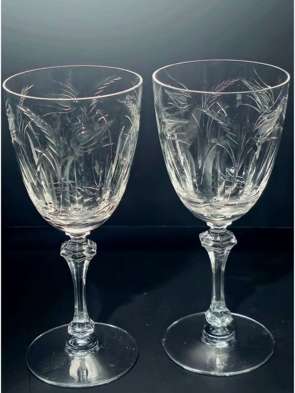 2 Tiffin Franciscan Moss Ross Water Goblets Etched Crystal Wine Glasses rare 60s